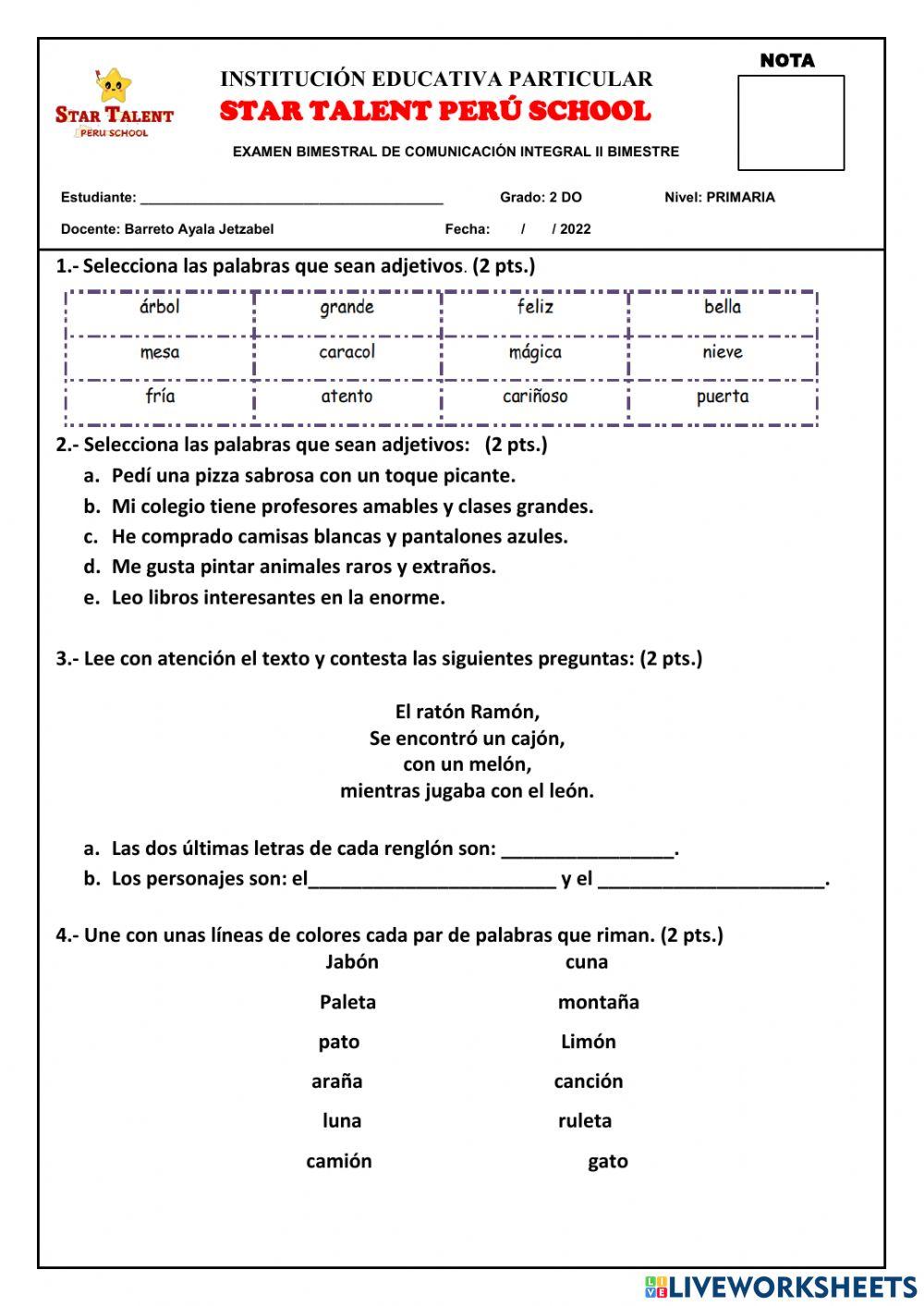 Examen bimestral de comunicación