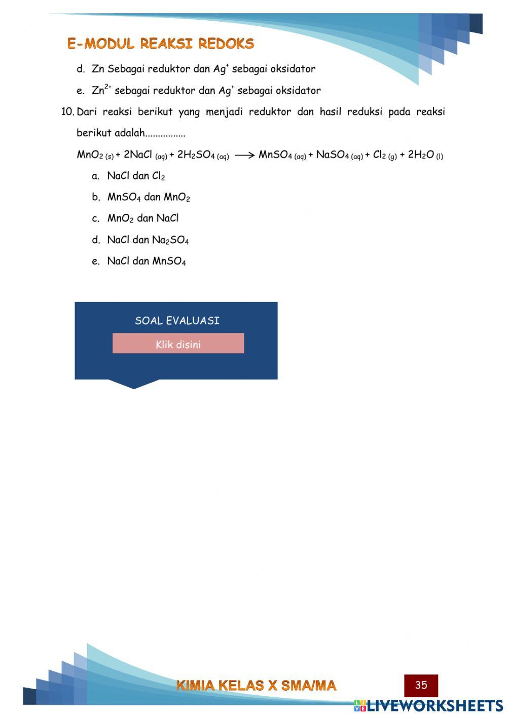 Soal Evaluasi Reaksi Redoks