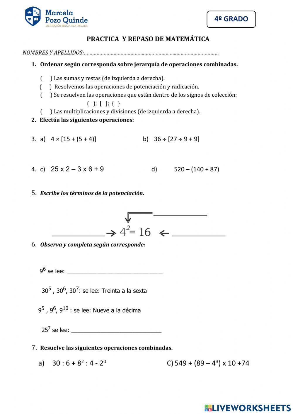 Practica  y repaso - matematica