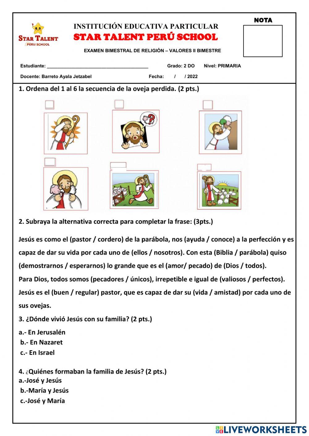 Examen bimestral de religión