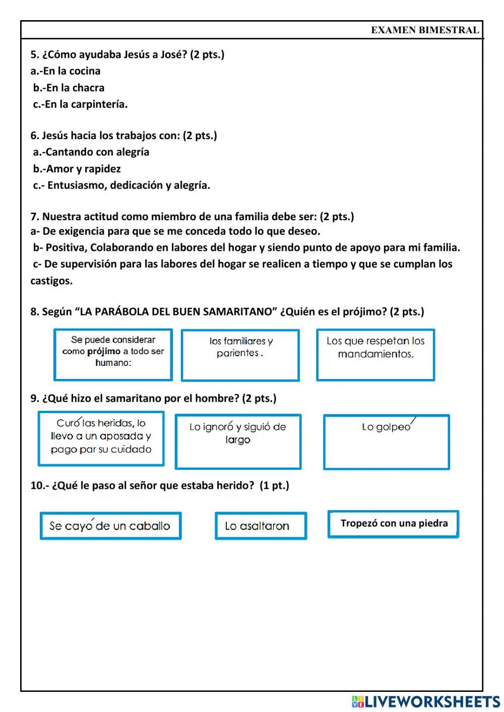 Examen bimestral de religión