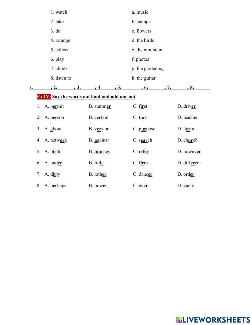 G7-test u1 hobbies: VOCABULARY AND PHONICS