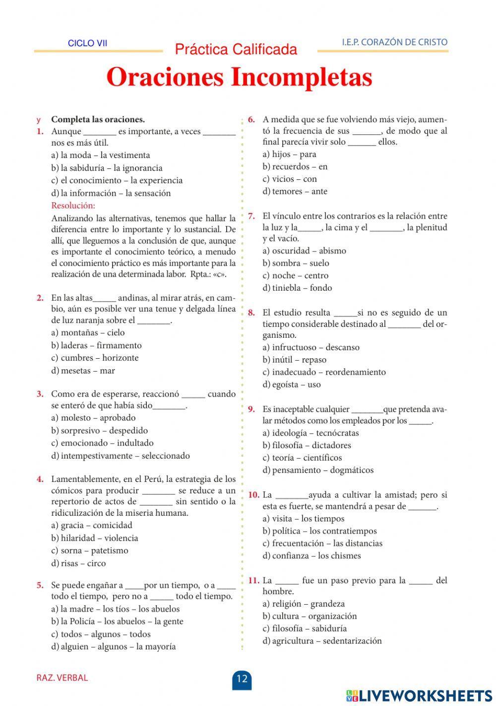 Oraciones incompletas