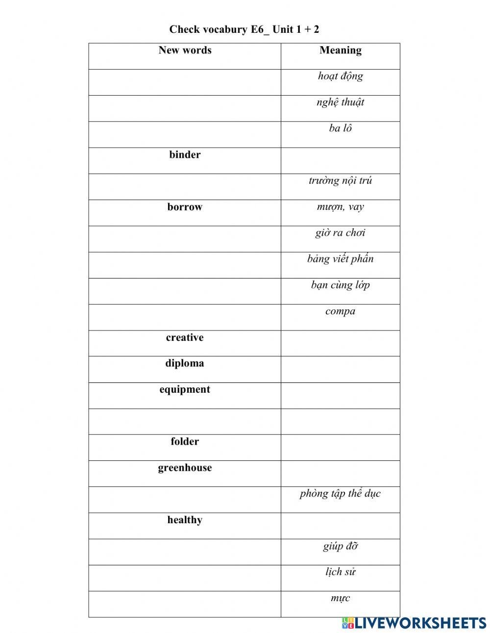 Check vocabulary unit 1+2
