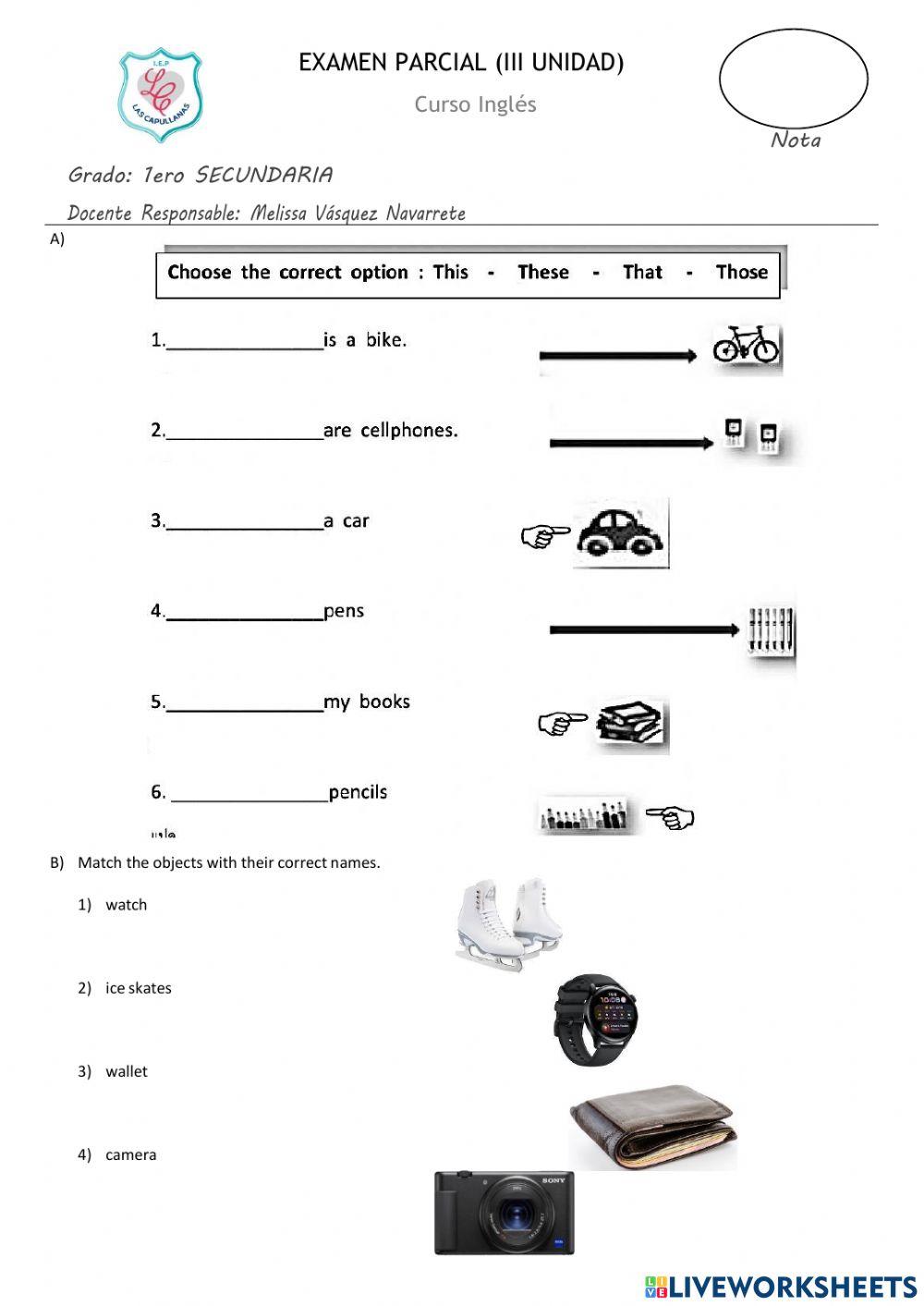 EVALUACIÓN BIMESTRAL DE INGLÉS 1ER AÑO
