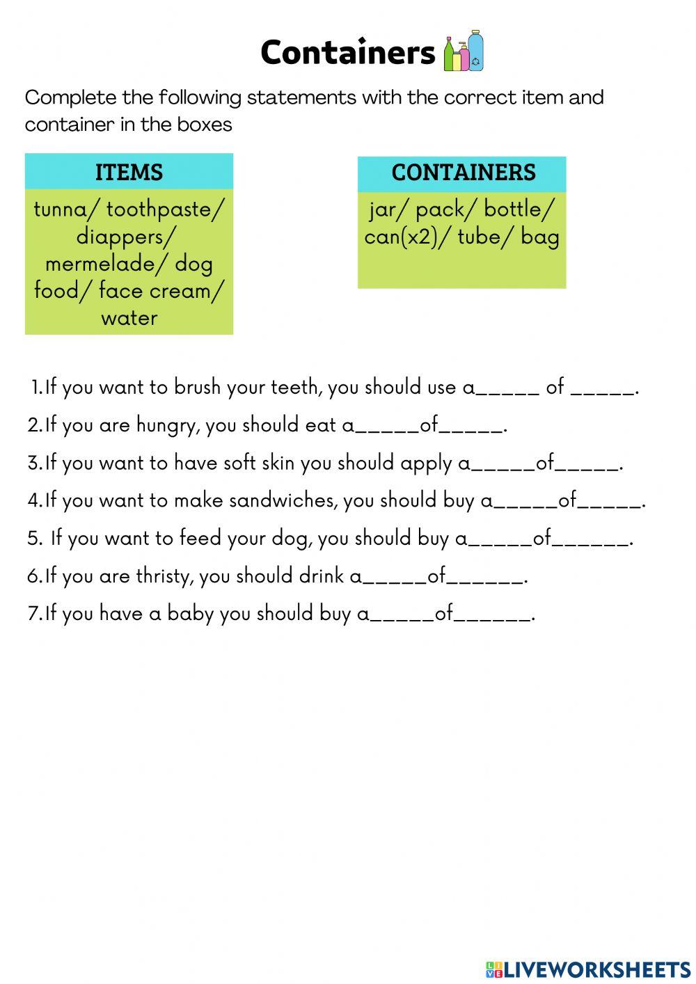 Containers online pdf activity for Beginners | Live Worksheets
