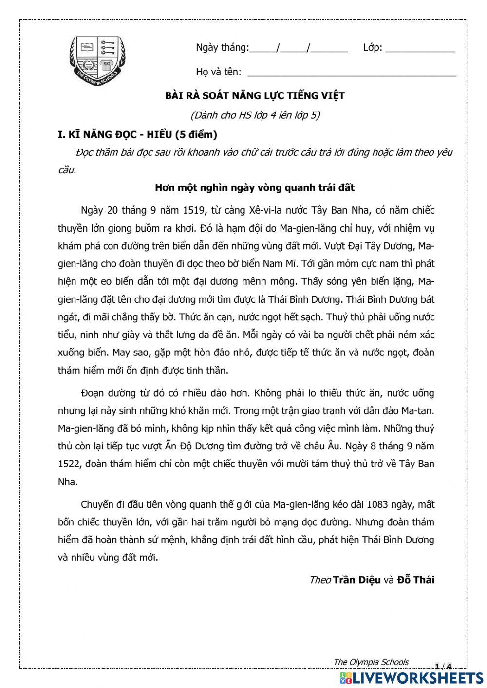 Đề rà soát chất lượng Tiếng Việt 45
