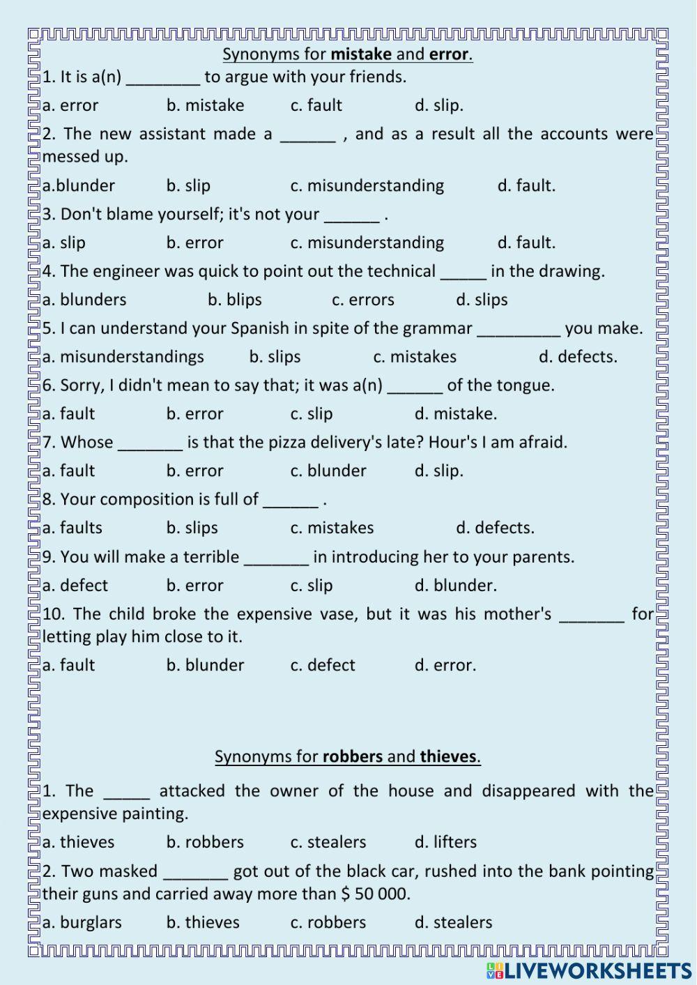 Synonyms Mistakes, Error, Blunder worksheet