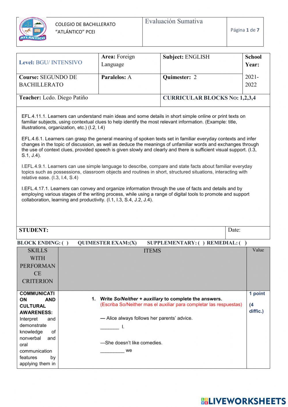 Examen Segundo quimestre 2BGU