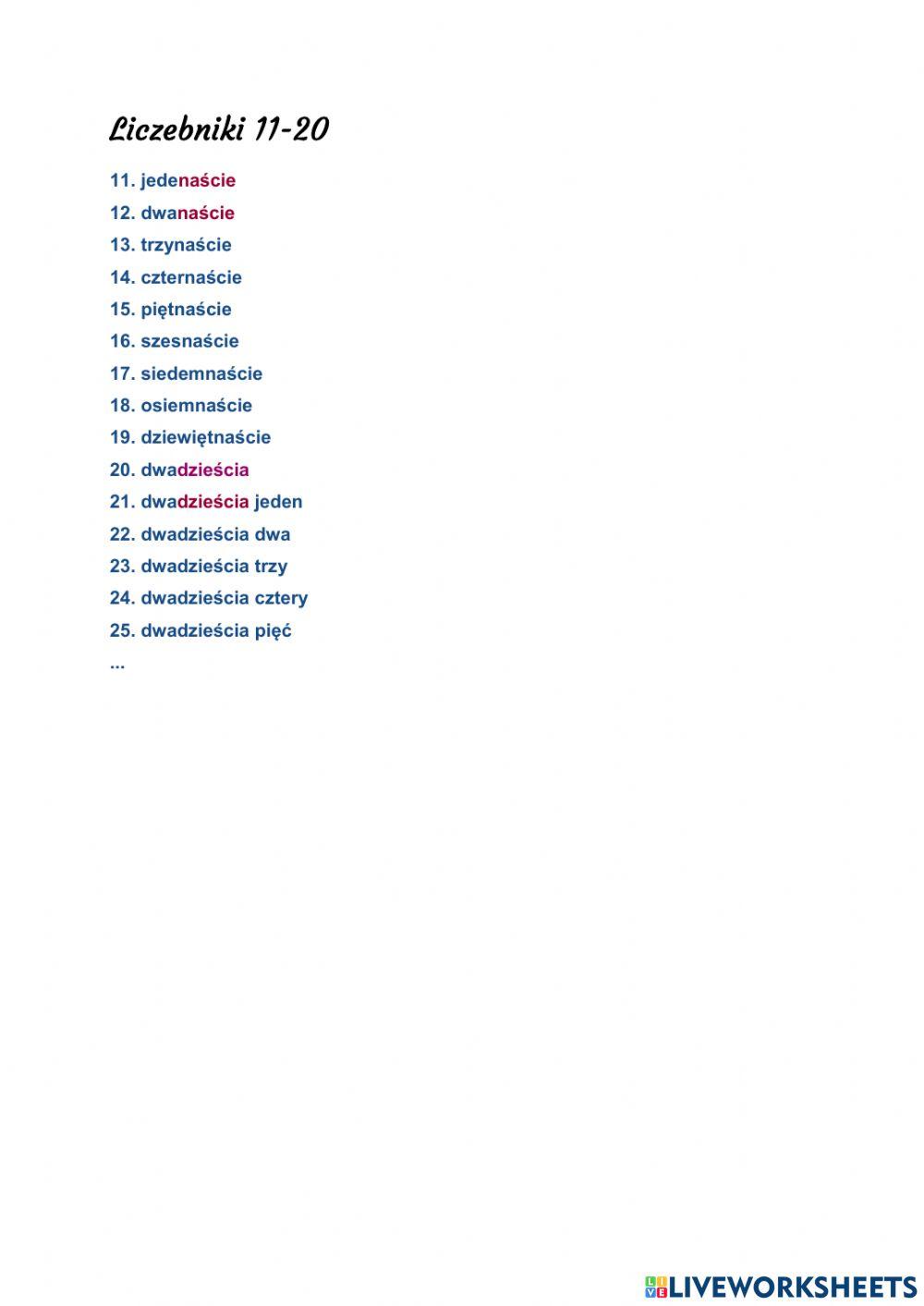 Liczebniki 11-20