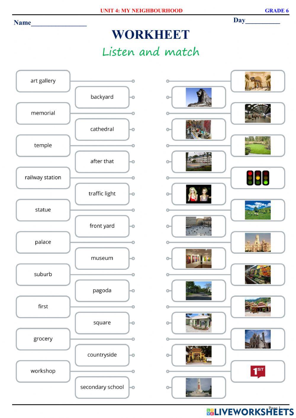 English 6  - Unit 4 - My neighbourhood - Vocabulary - Matching
