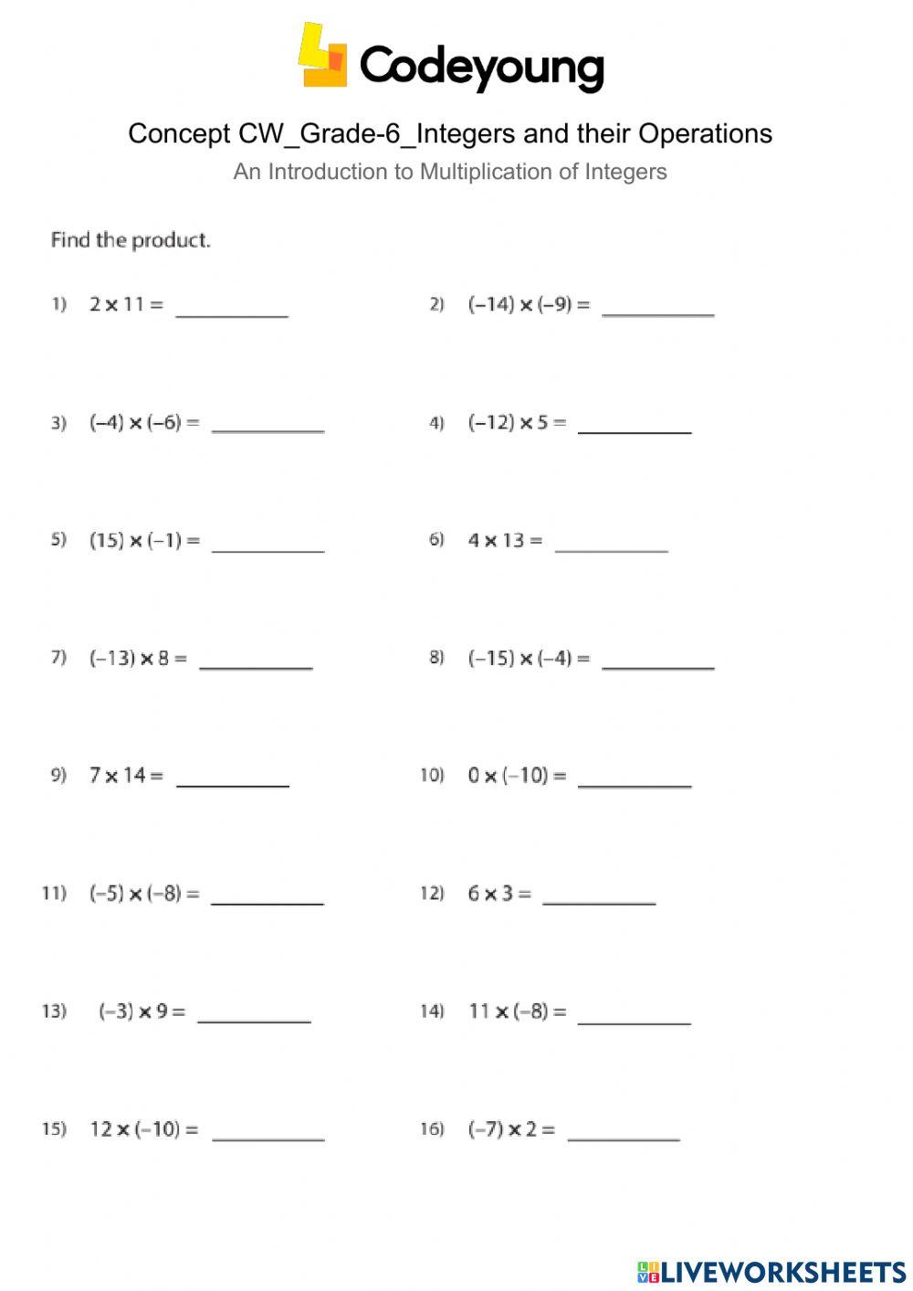 An Introduction to Multiplication of Integers Concept CW