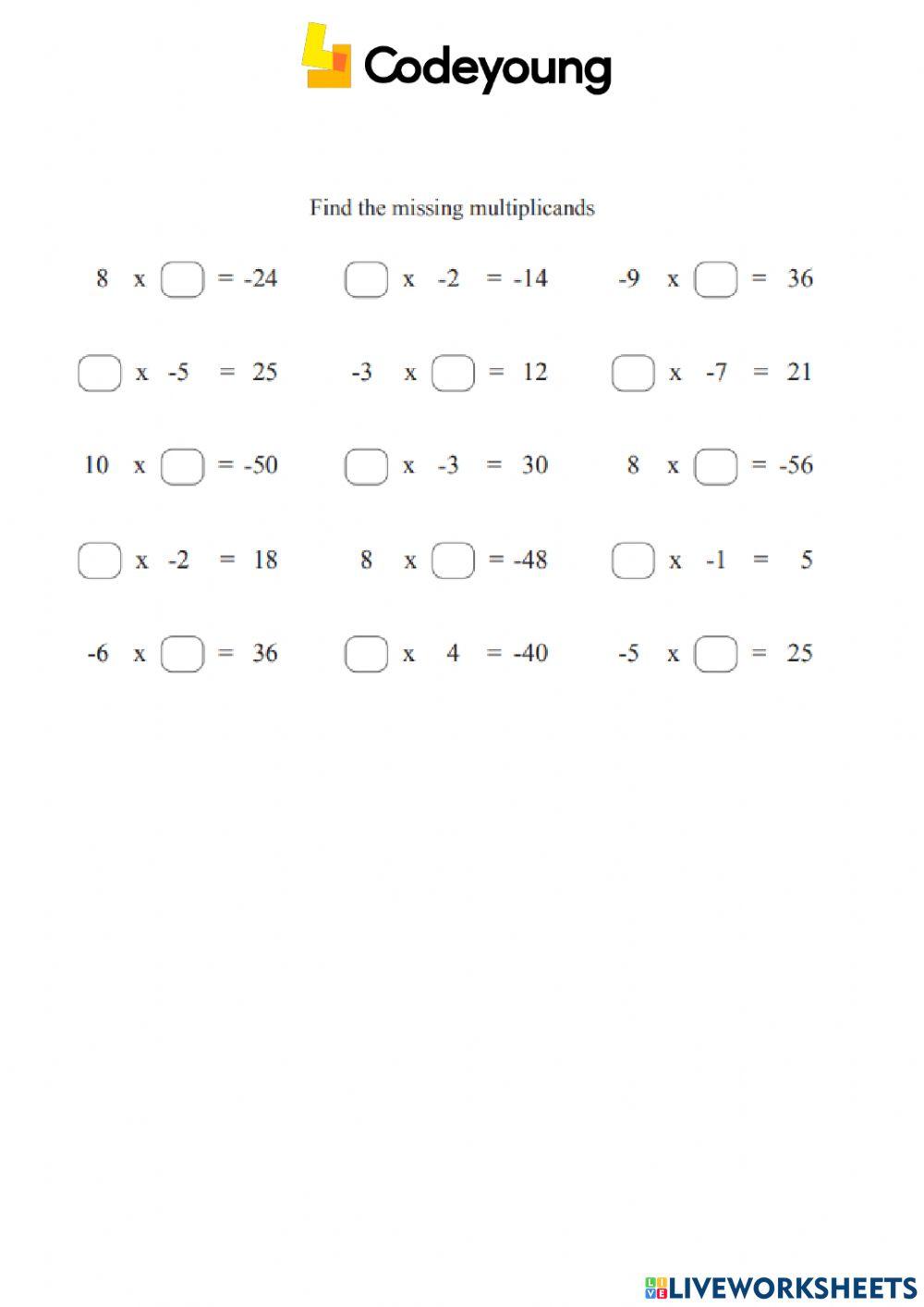 Problems on Multiplication of Integers Concept CW