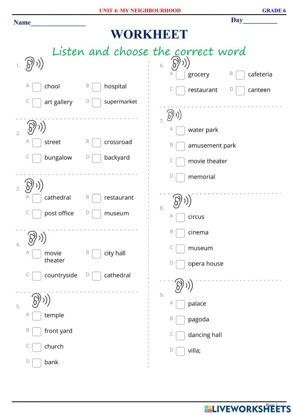 English 6 - Unit 4 - My neighbourhood - Vocabulary - Listening