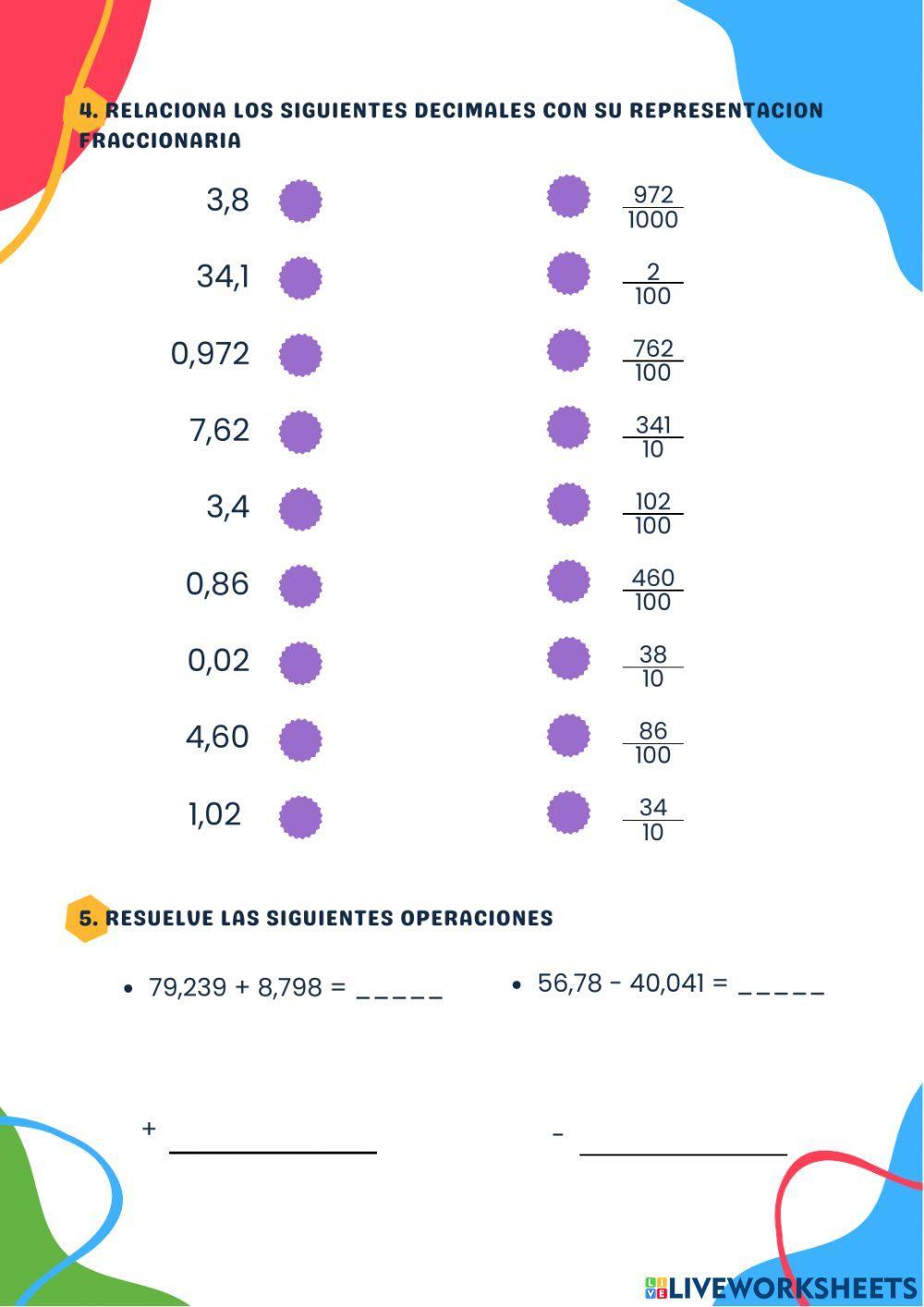 Práctica de decimales - Quinto de primaria