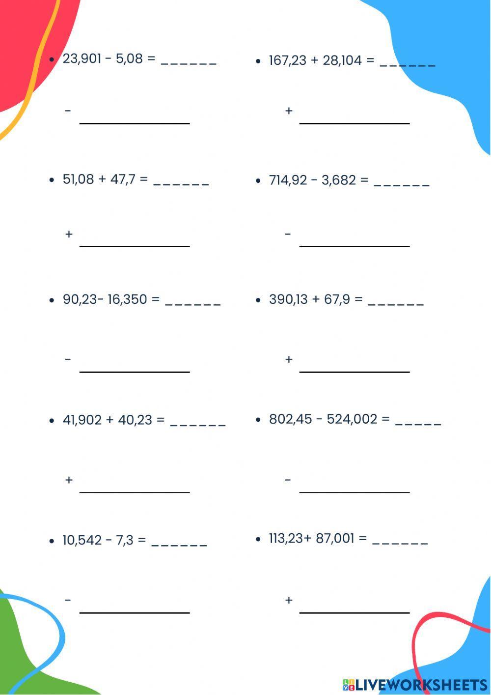 Práctica de decimales - Quinto de primaria