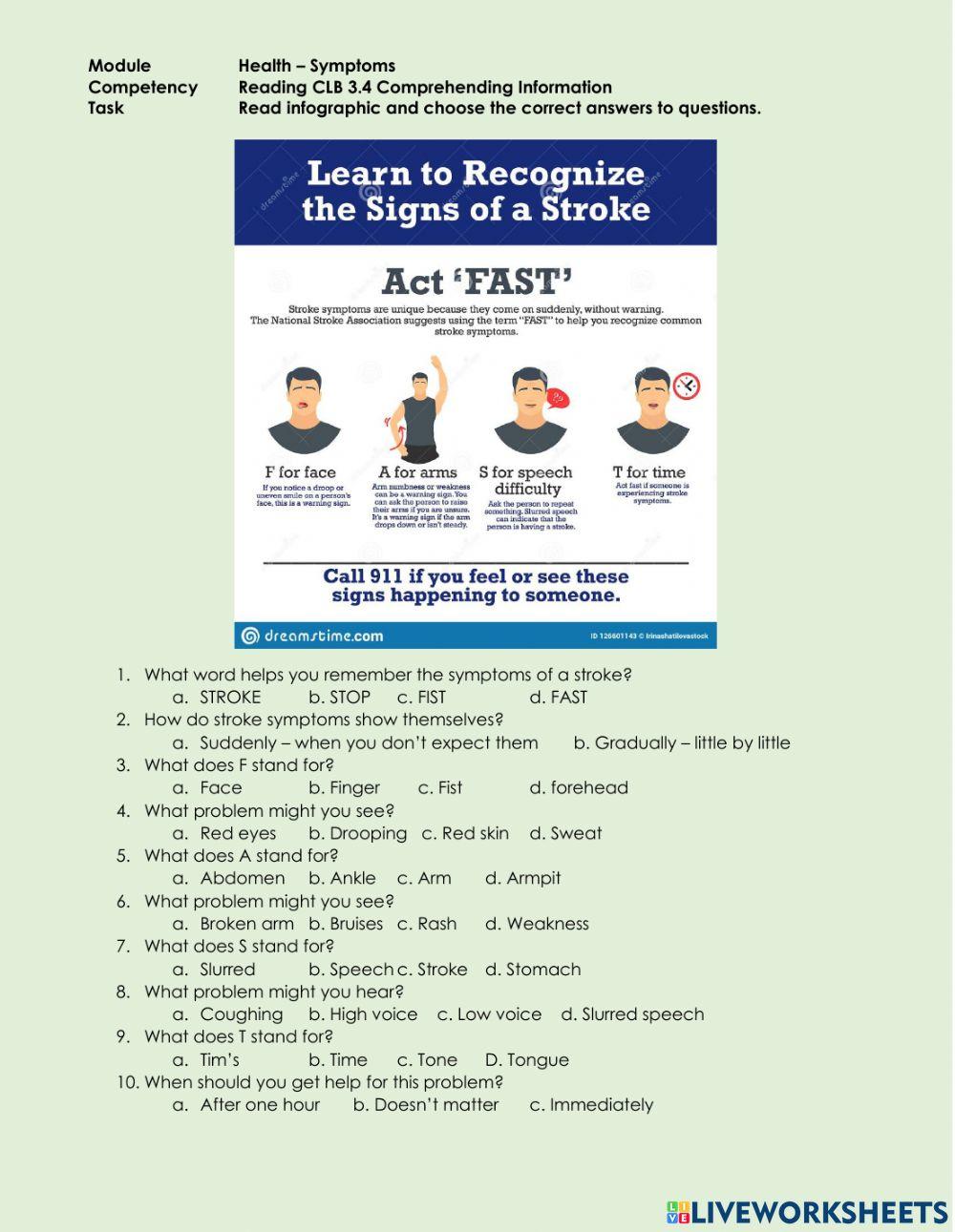 Reading CLB 3.4 Comprehending Information - Understand Stroke Symptoms Poster