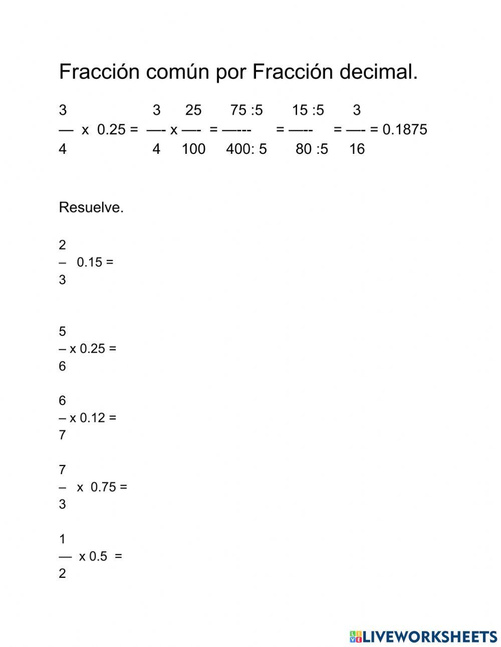 Fracción común por fracción decimal