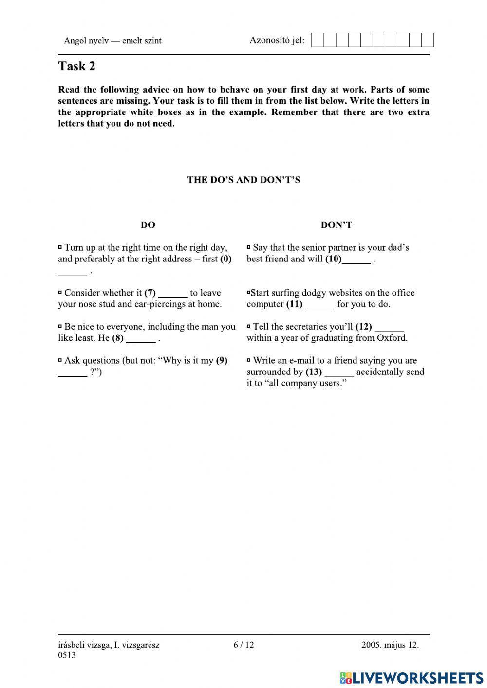 Érettségi 2005 Olvasott szöveg értése emelt szint