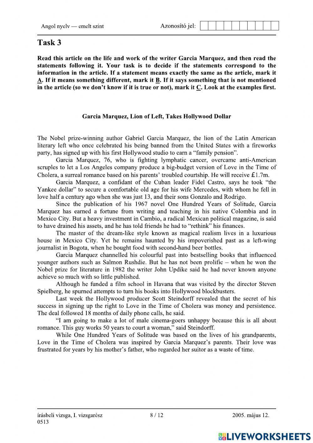 Érettségi 2005 Olvasott szöveg értése emelt szint