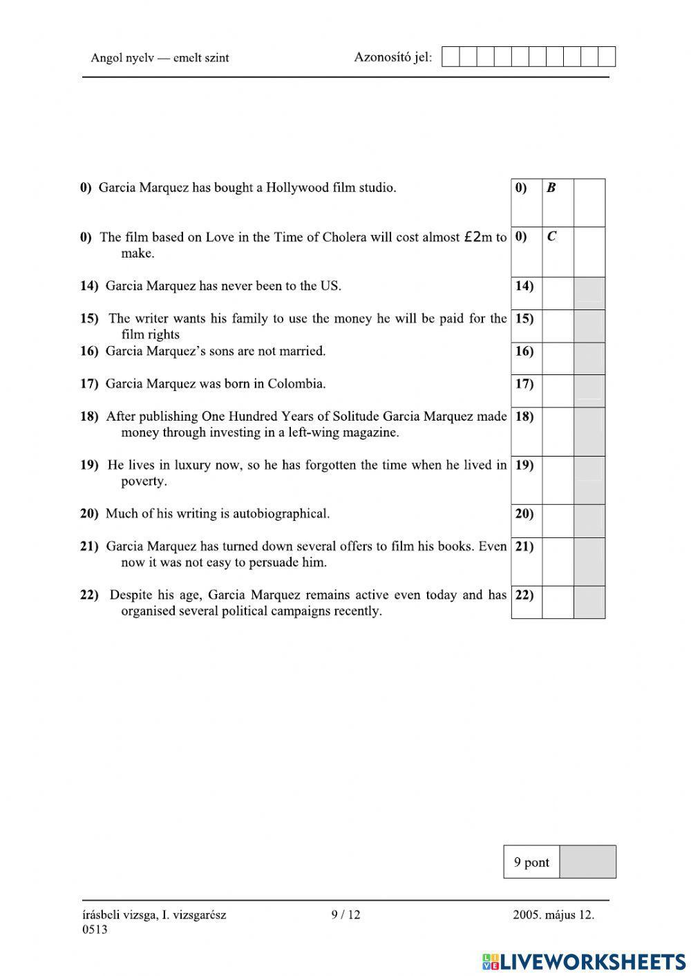 Érettségi 2005 Olvasott szöveg értése emelt szint