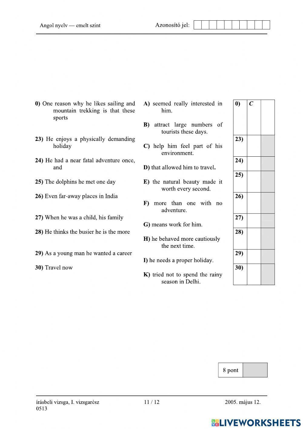 Érettségi 2005 Olvasott szöveg értése emelt szint