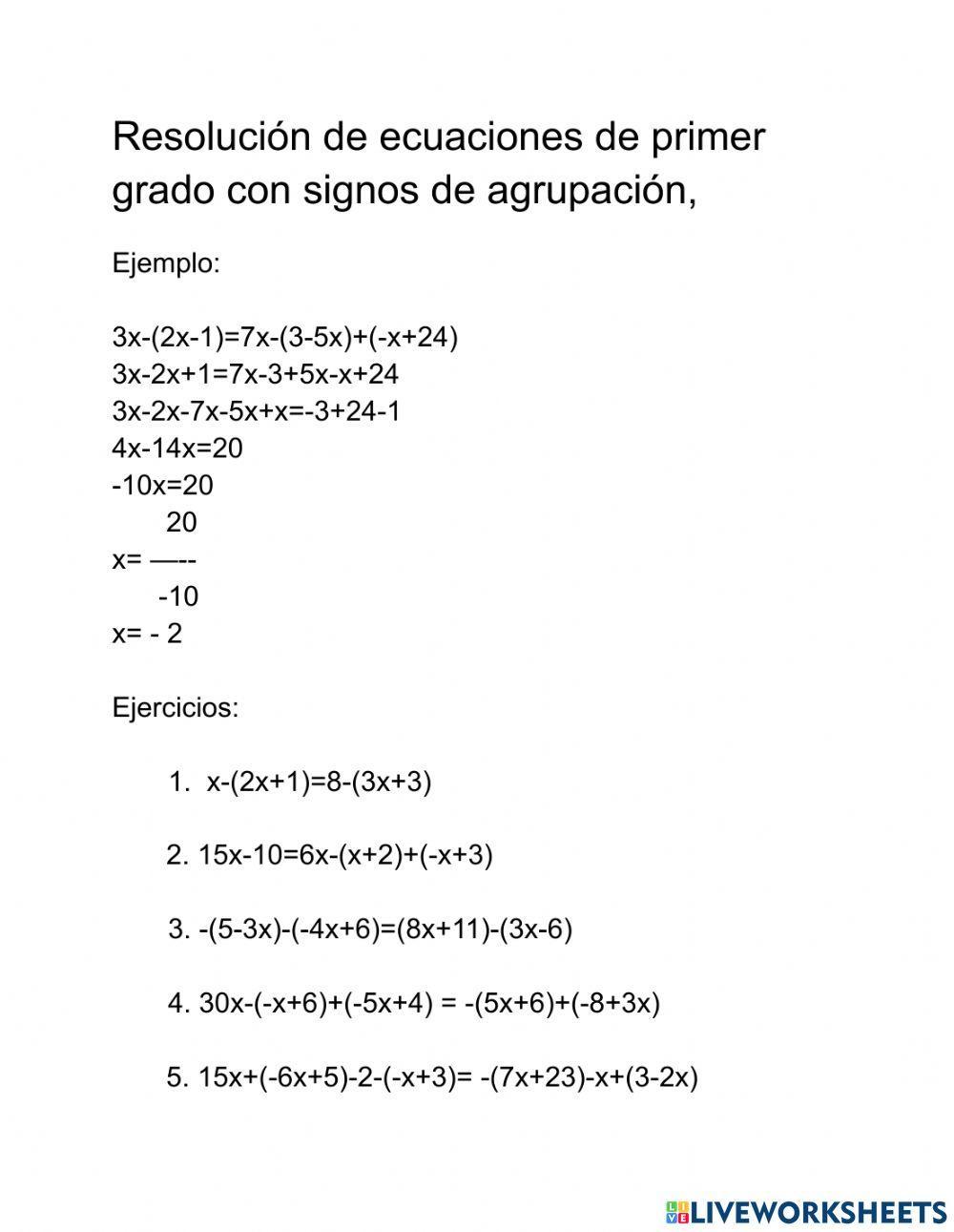 Ecuaciones de primer grado con signos de  agrupación