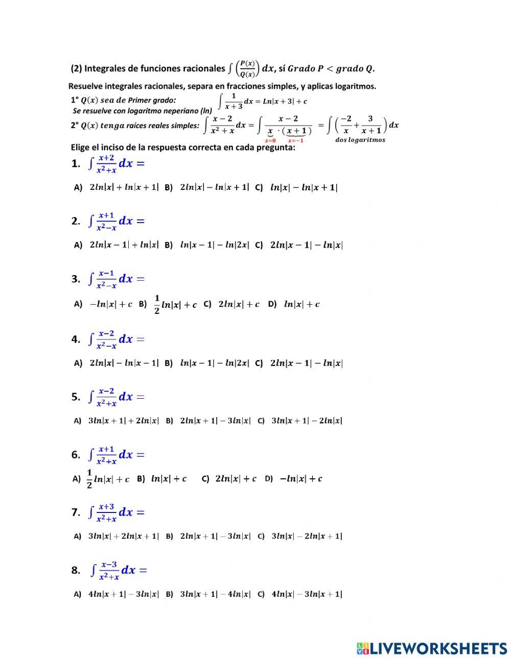 Integral de fracciones racionales con P menor que Q (2)