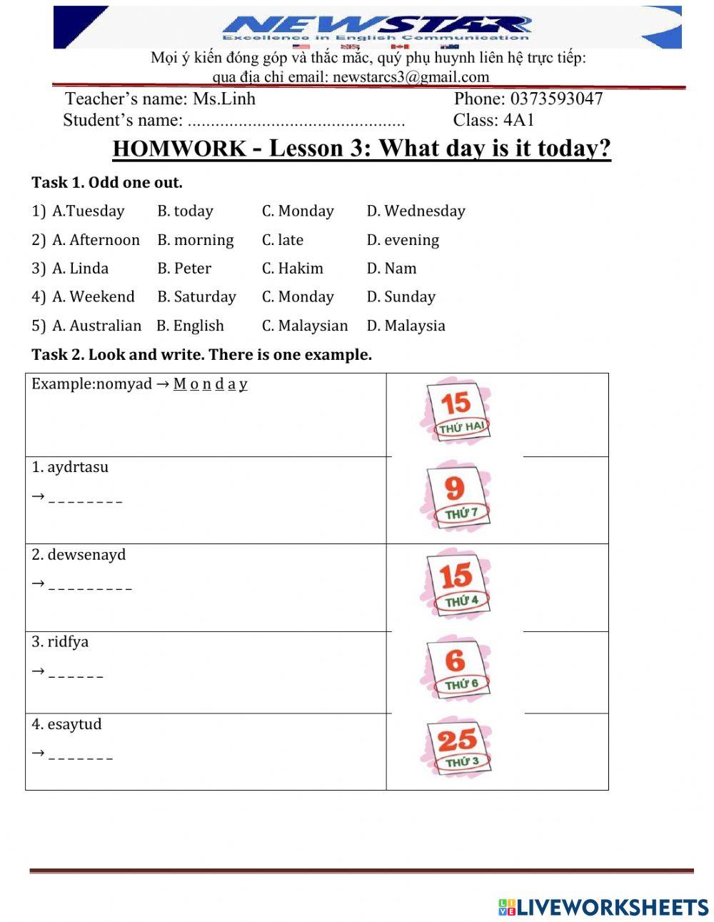 BTVN 4A1 L4 What day is it today worksheet | Live Worksheets
