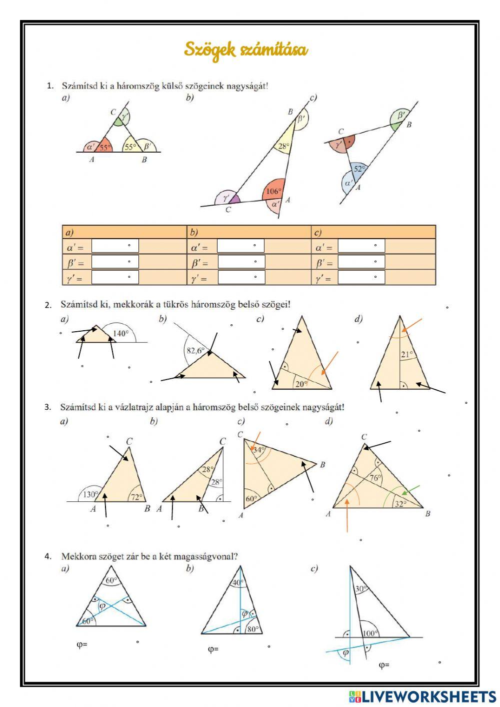Szögek számítása