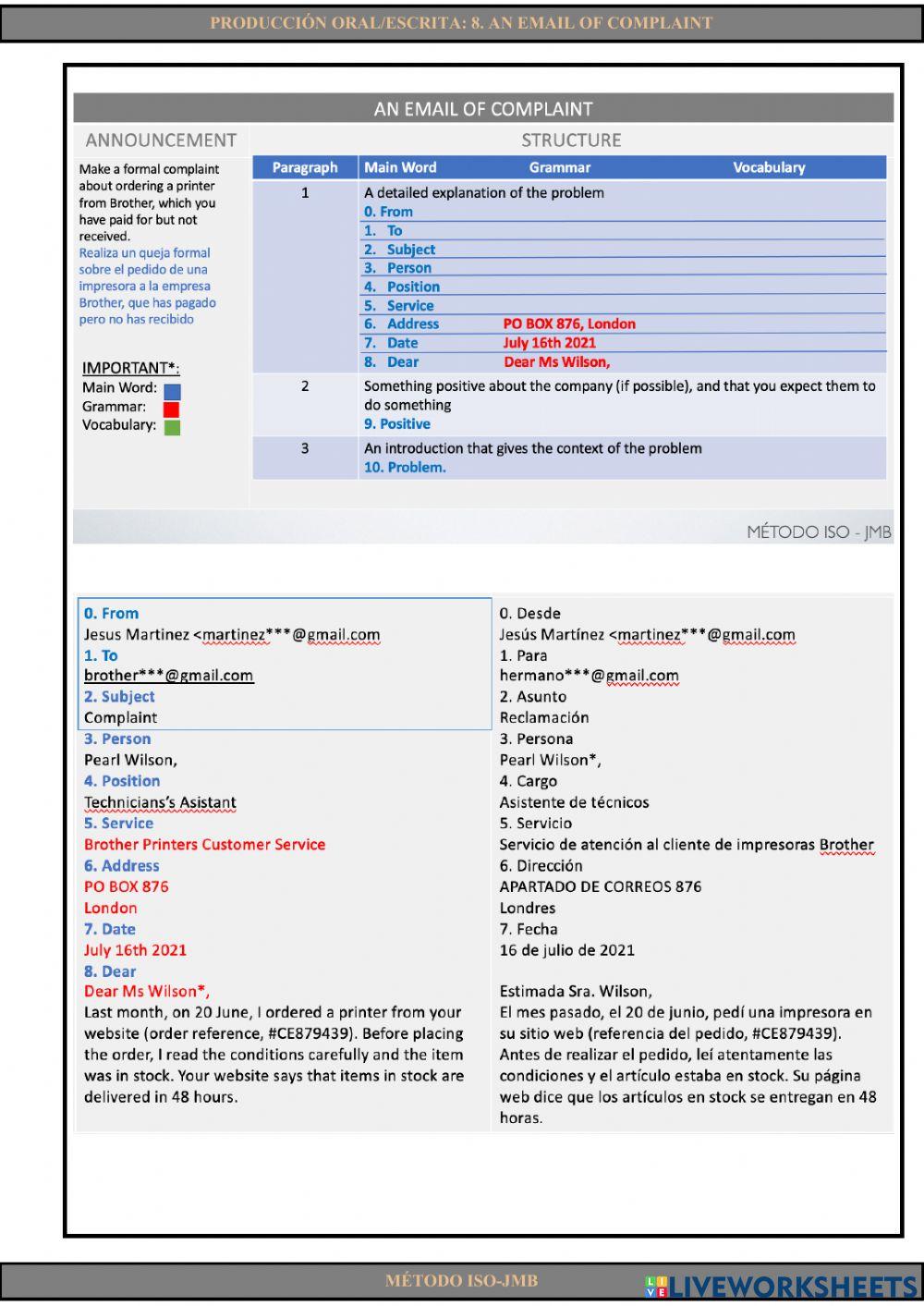 Producción oral-escrita 8. An email of complaint