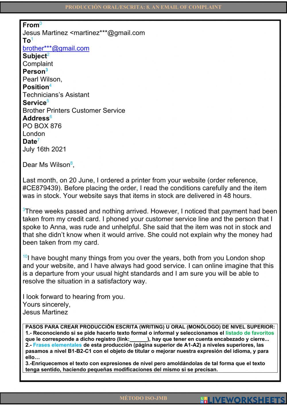 Producción oral-escrita 8. An email of complaint