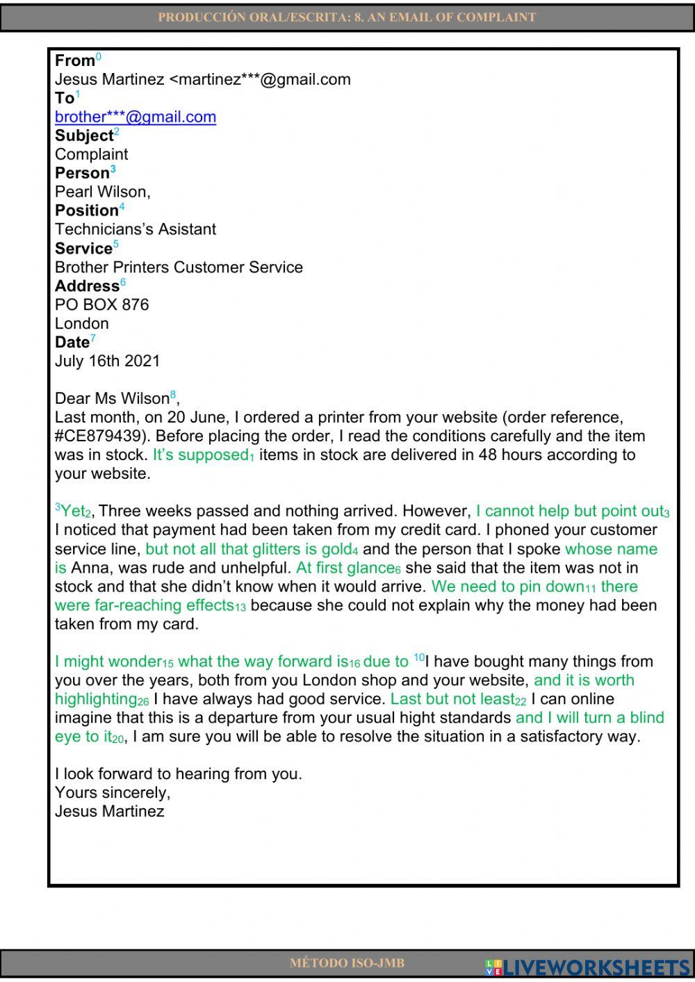Producción oral-escrita 8. An email of complaint