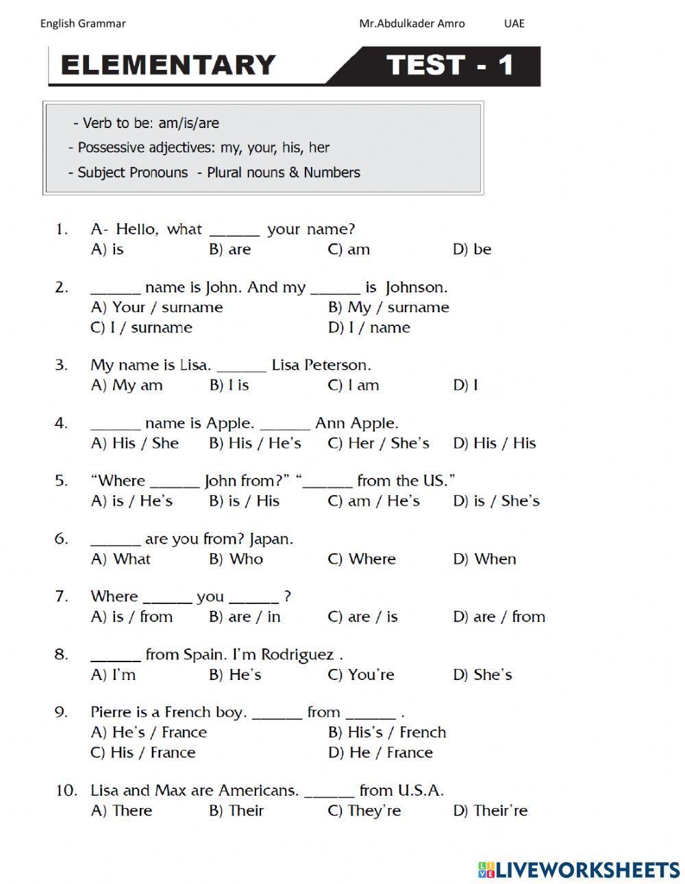 2099363 | Elementary Test 1 Part 1 Grammar | Abdulkader