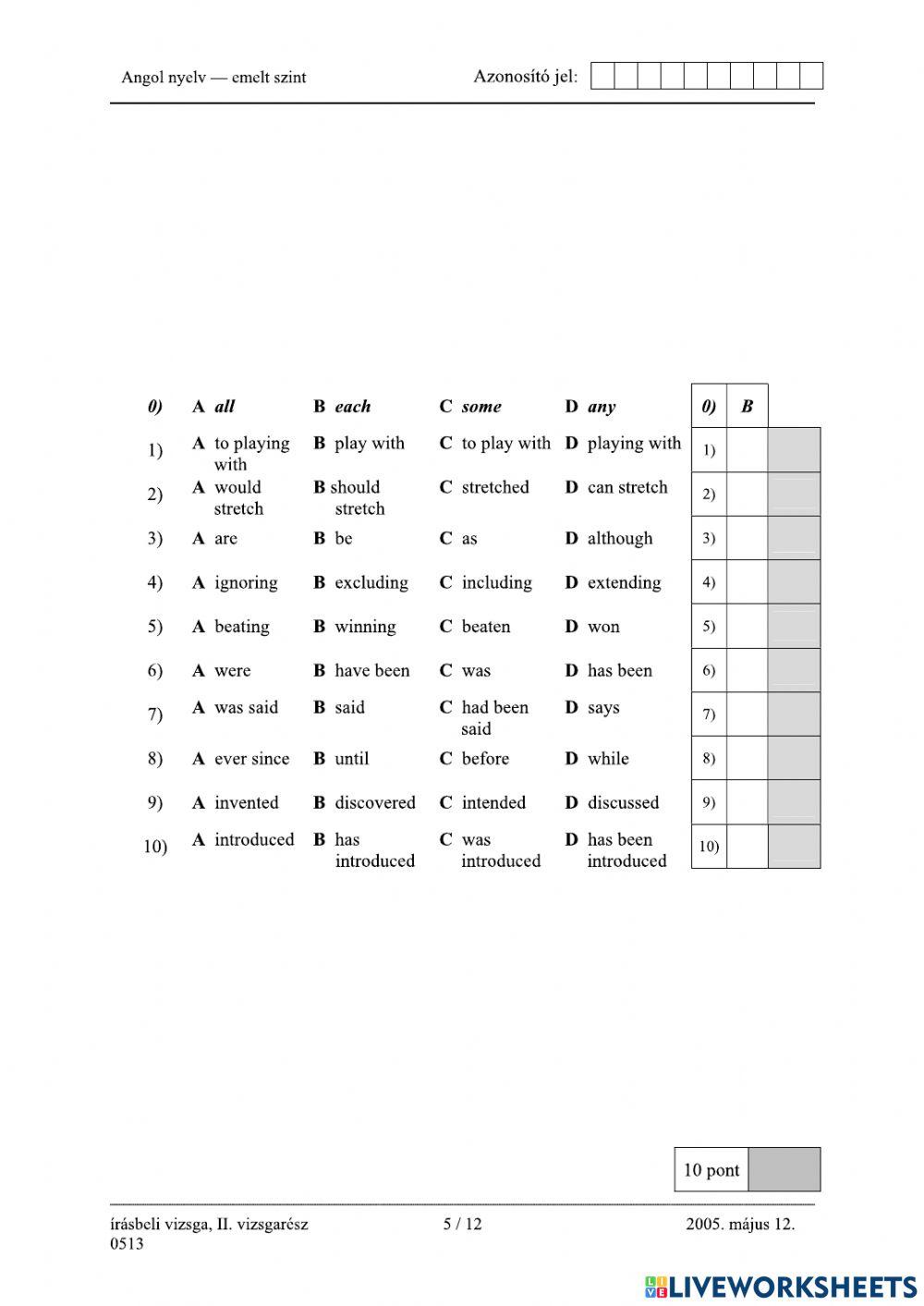 Érettségi 2005 Nyelvhelyesség emelt szint