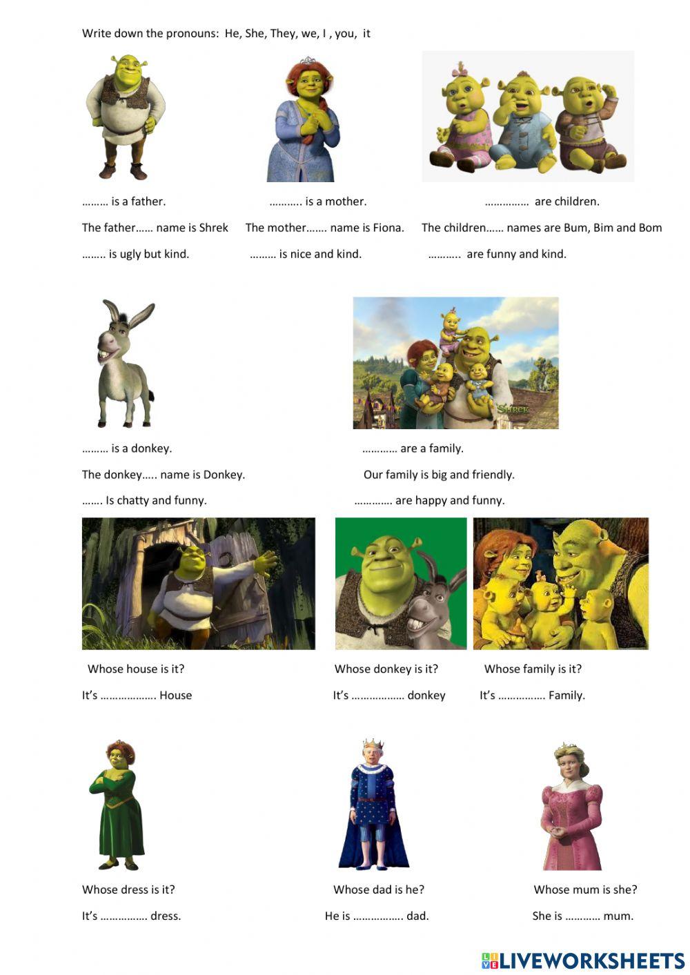 Shrek's family worksheet | Live Worksheets
