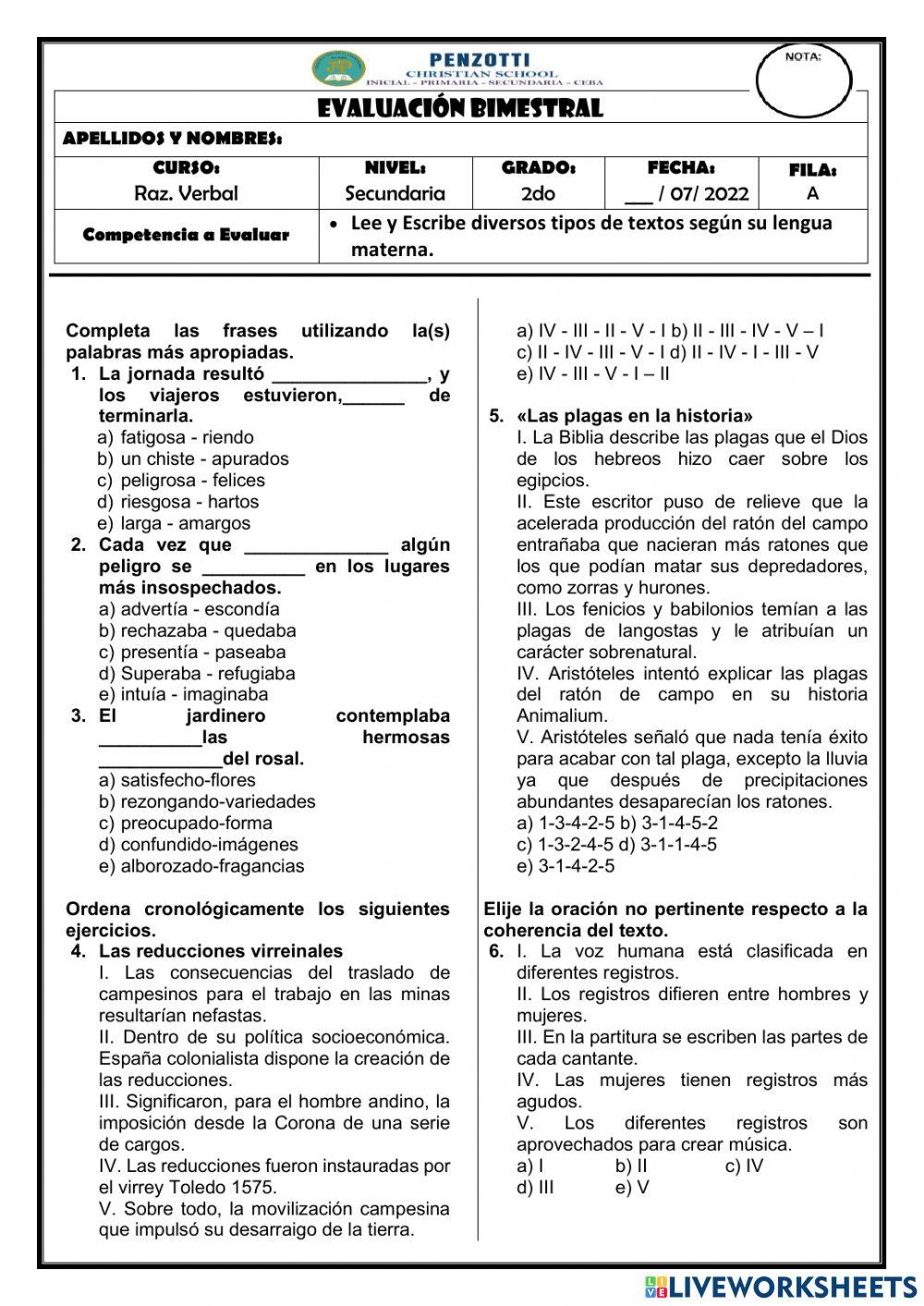 2do - evaluaciòn bimestral - sec