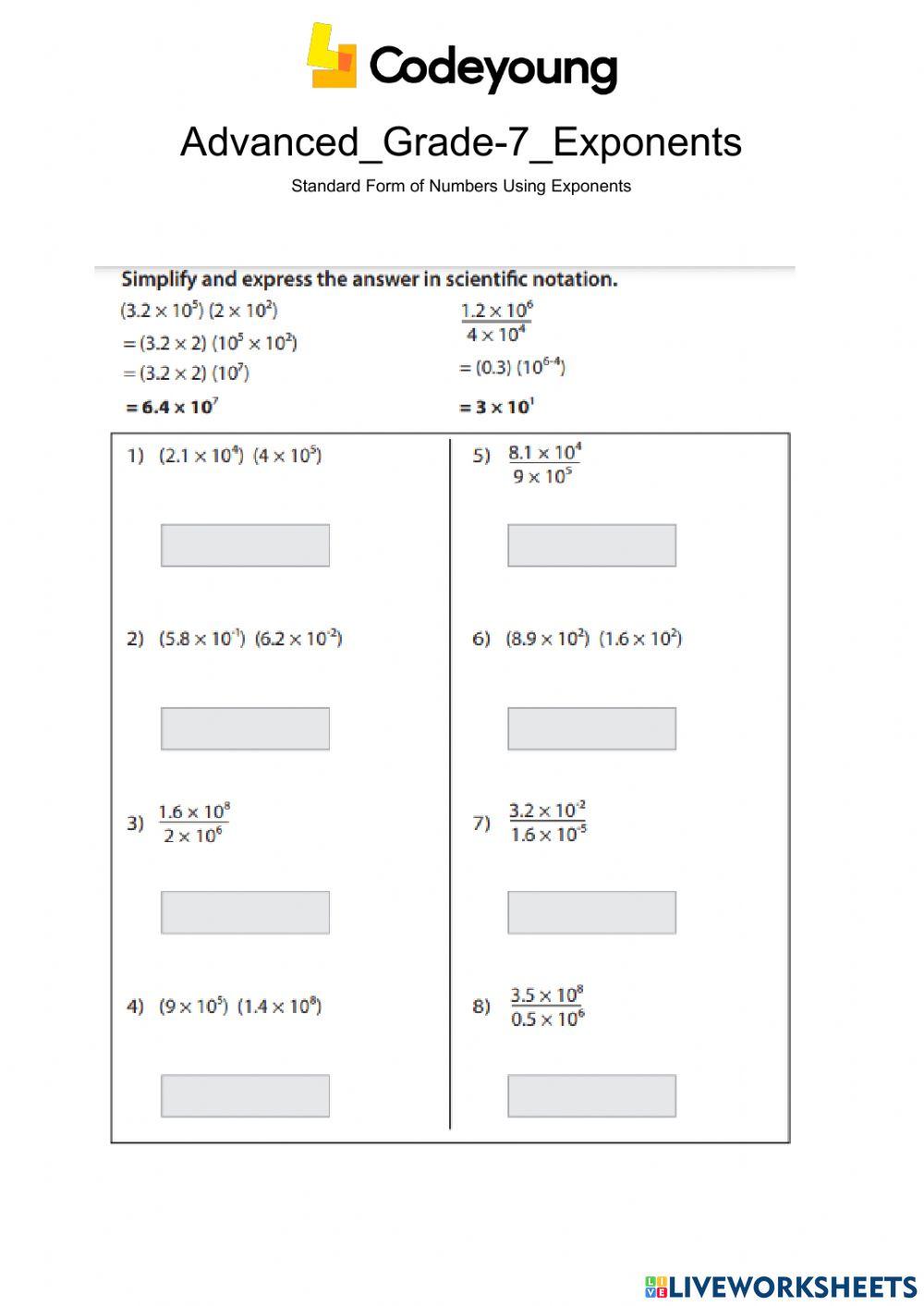 Standard Form of Numbers Using Exponents Advanced worksheet Live