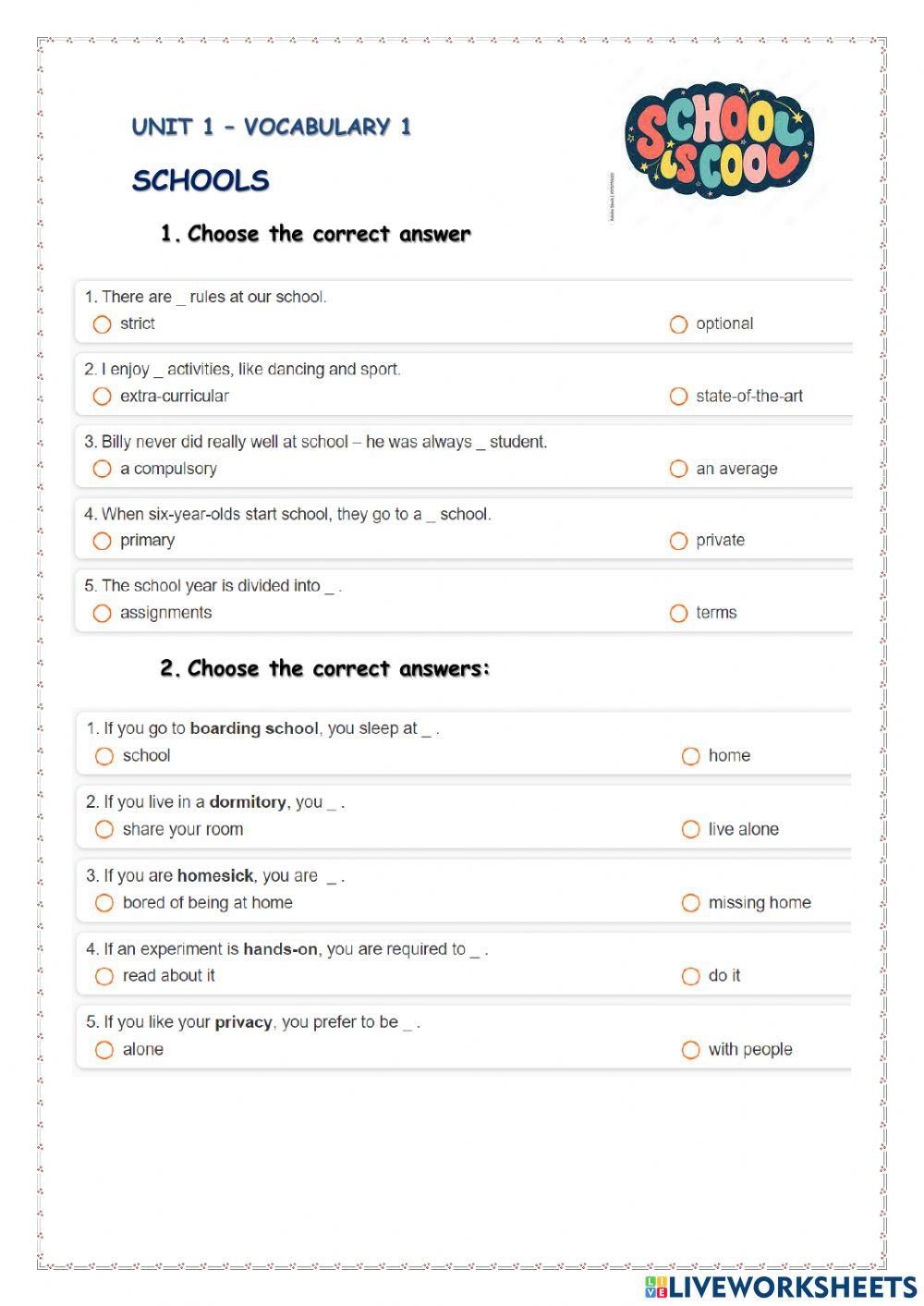 Vocabulary about schools