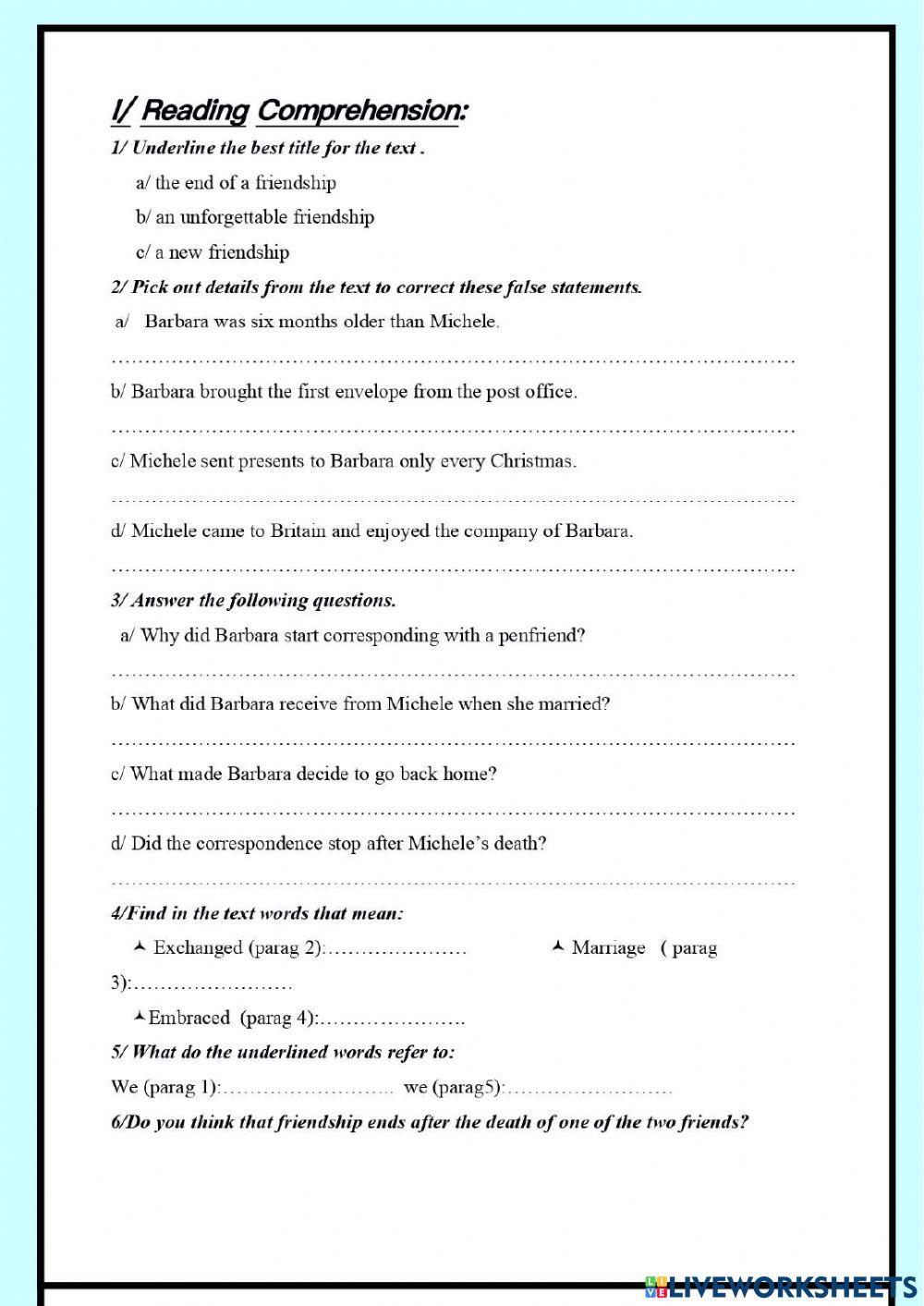 Reading Comprehension: Friendship