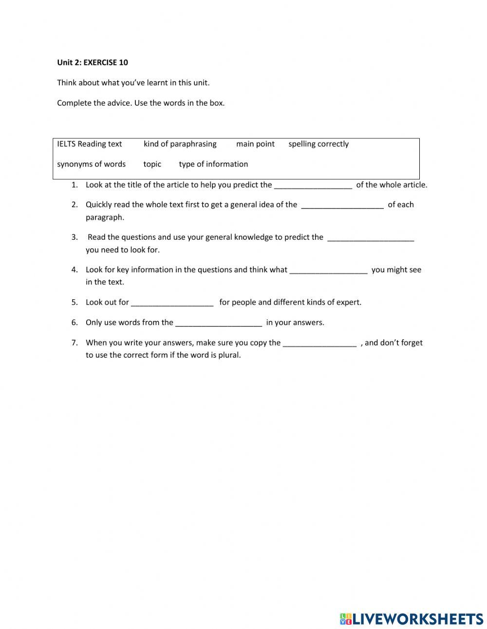 IE1, Unit 2, Reading, Exercise 10
