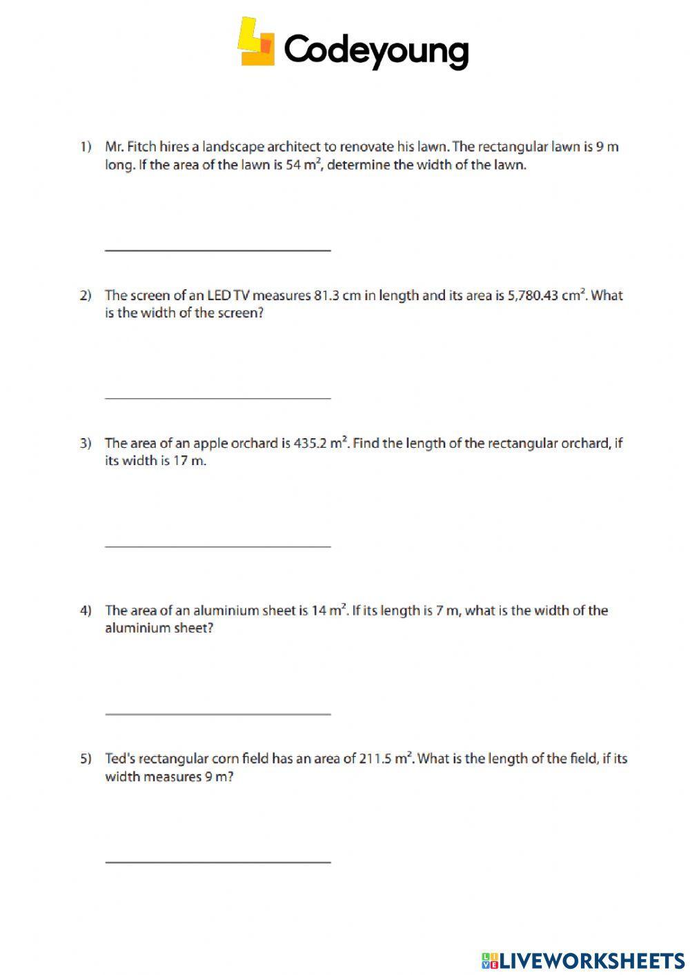 Applied Problems on The Area of Rectangles and Squares Concept CW