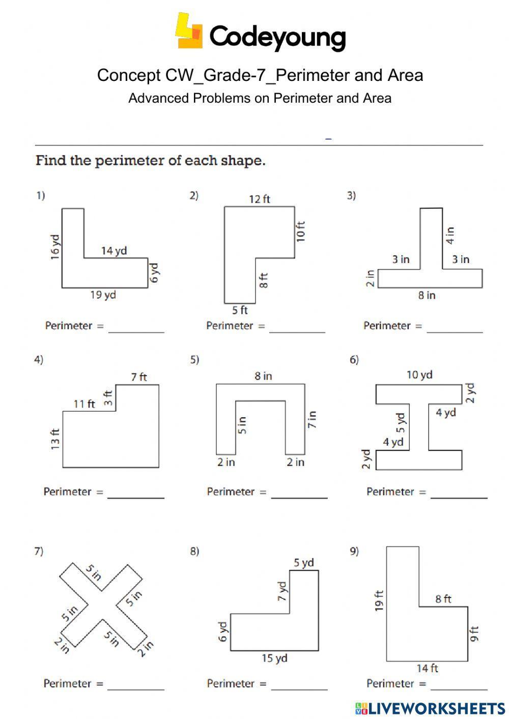 Advanced Problems on Perimeter and Area Concept CW worksheet | Live ...