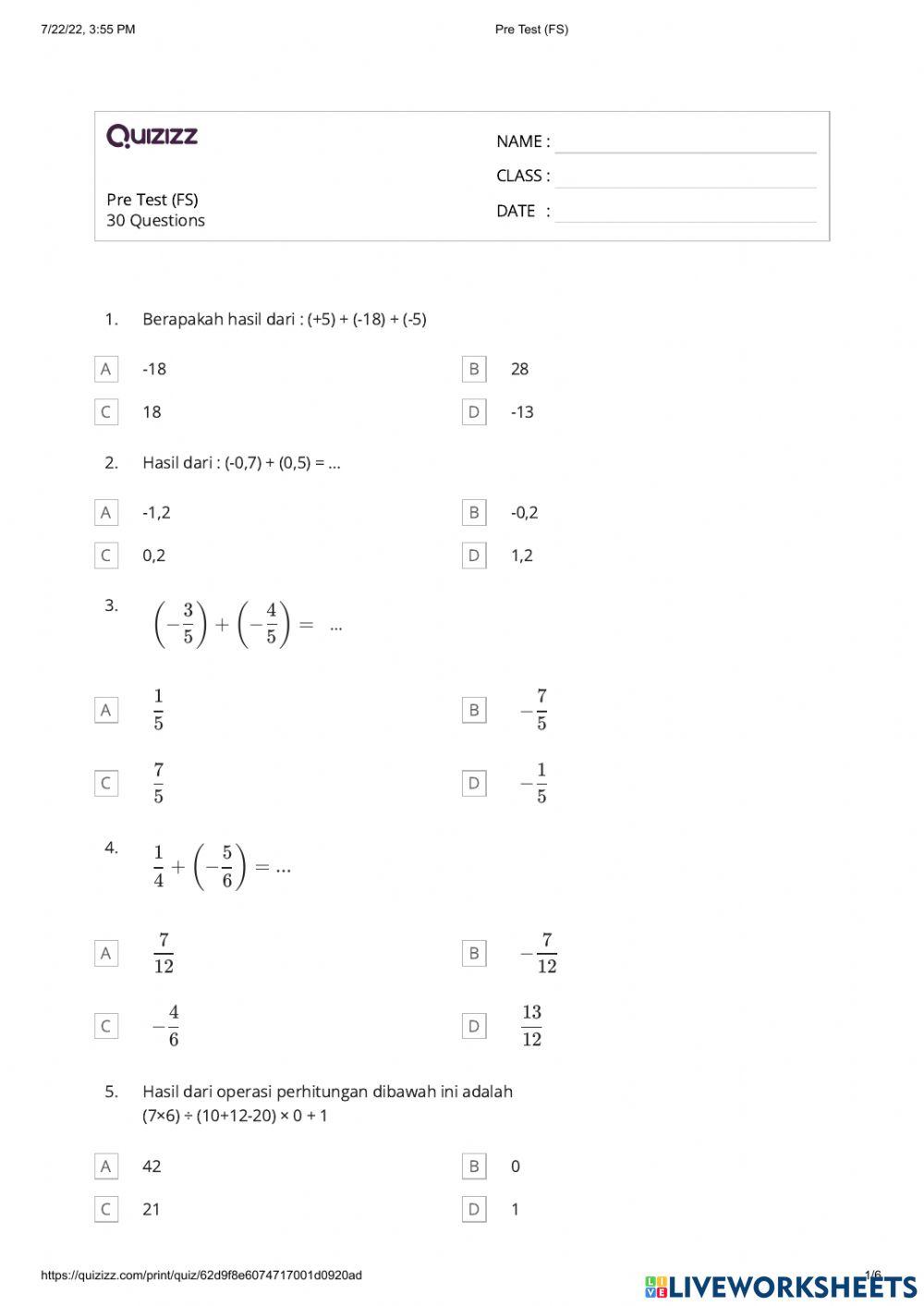 Pre Test Matematika Dasar