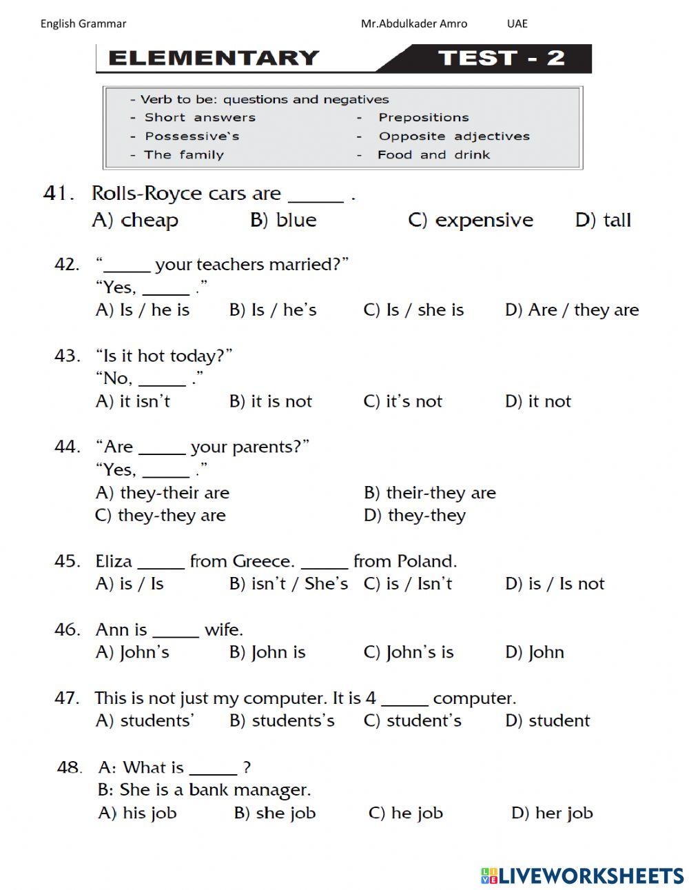 Elementary Test 2 Part 3 Grammar worksheet | Live Worksheets