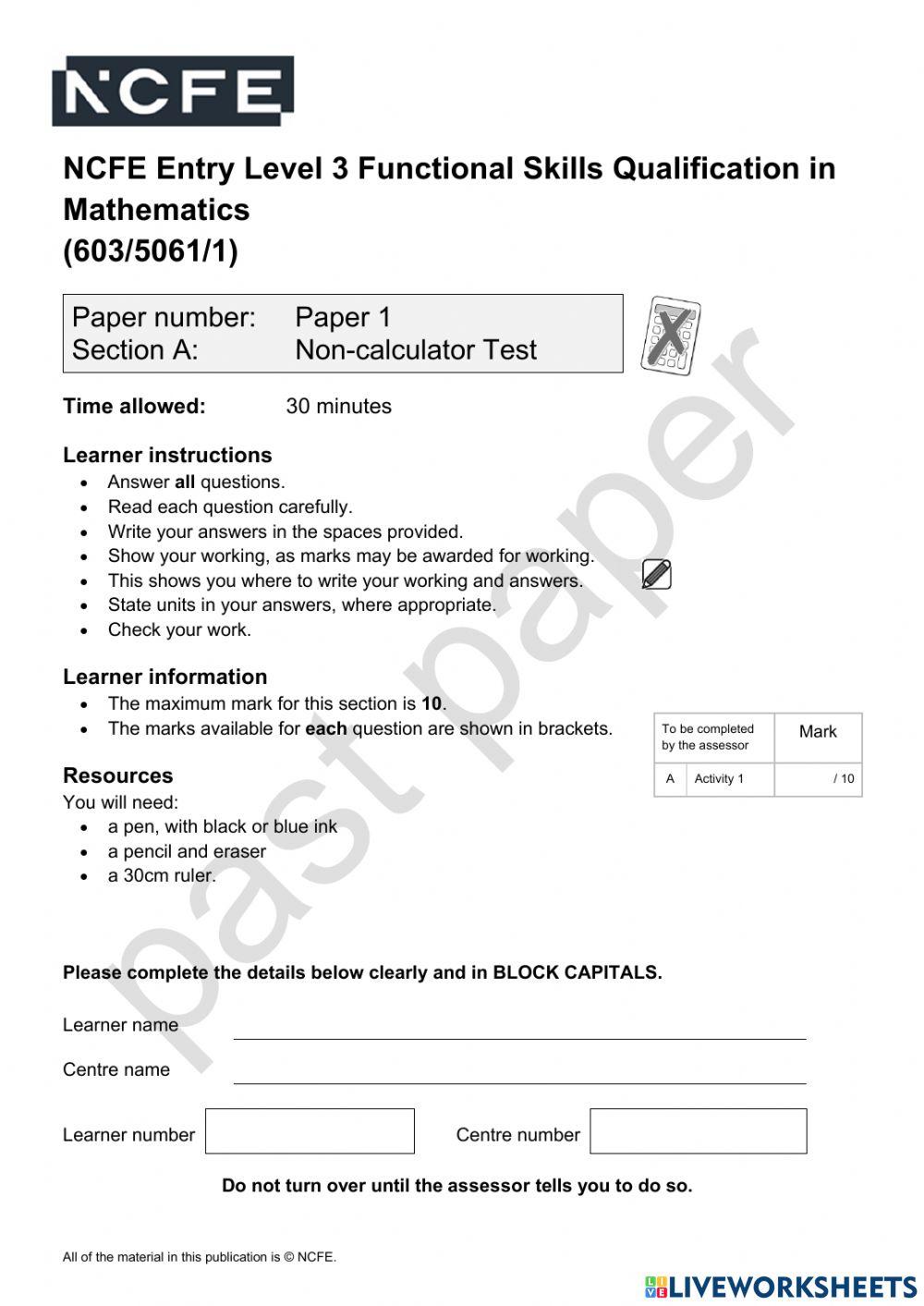 NCFE E3 Maths diagnostic Non-Cal