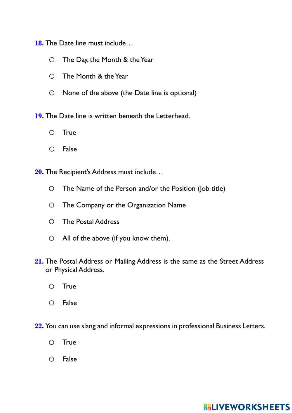 Business Letters Quiz (30 Questions)