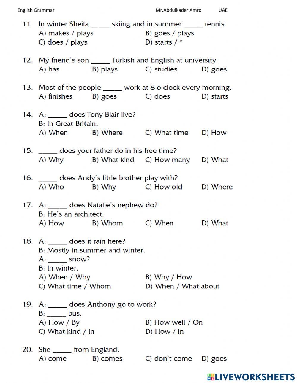 Elementary Test 3 Part 1 Grammar