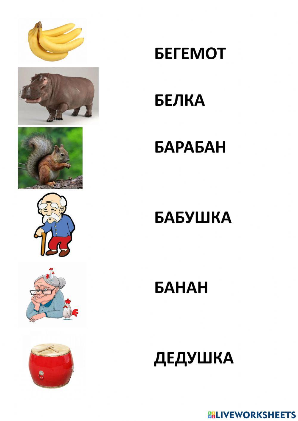 Белка, бегемот, банан, барабан, бабушка, дедушка