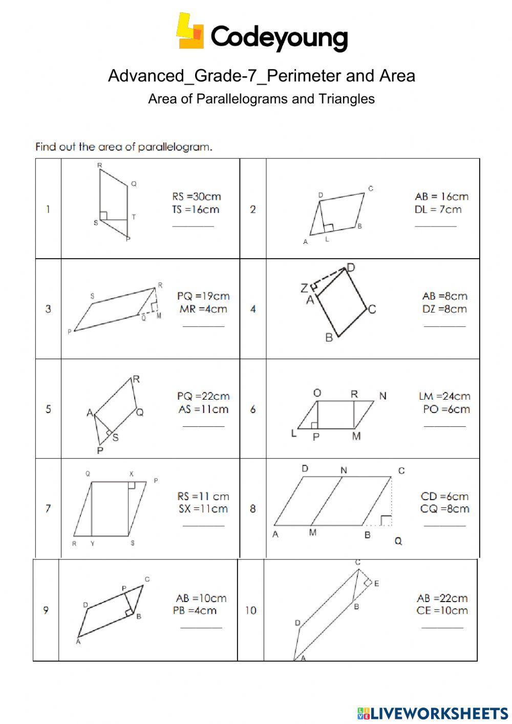 Area of Parallelograms and Triangles Advanced worksheet Live Worksheets